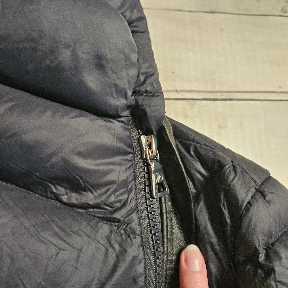 Sam Edleman Asymmetrical Chevron Quilted Down Coat Women's L Navy & Faux Leather - Picture 14 of 15